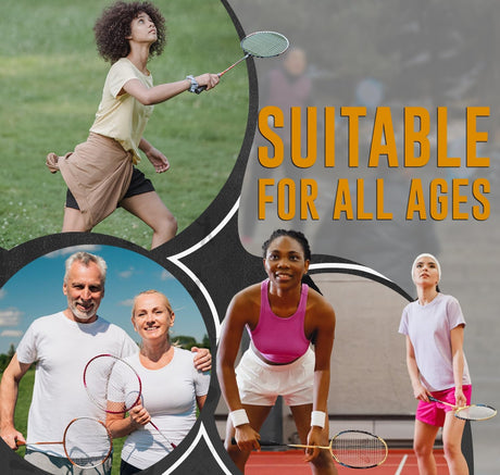 Collage of people playing badminton with text 'Suitable for all ages' on a green and gray background.