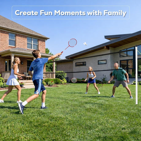 Family playing badminton in a backyard with a house in the background