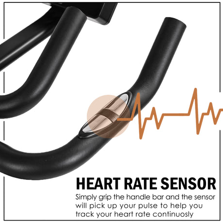 Heart rate sensor on a bicycle handlebar with an illustration of a heartbeat line.
