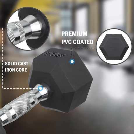 Hexagonal dumbbell with details on material and design on a blurred gym background