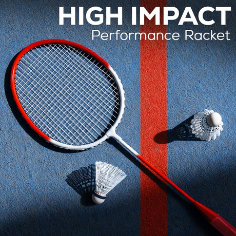 Red badminton racket with two shuttlecocks on a blue background with 'HIGH IMPACT Performance Racket' text.