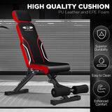 Black and red adjustable gym bench with high quality cushion features on a gray background