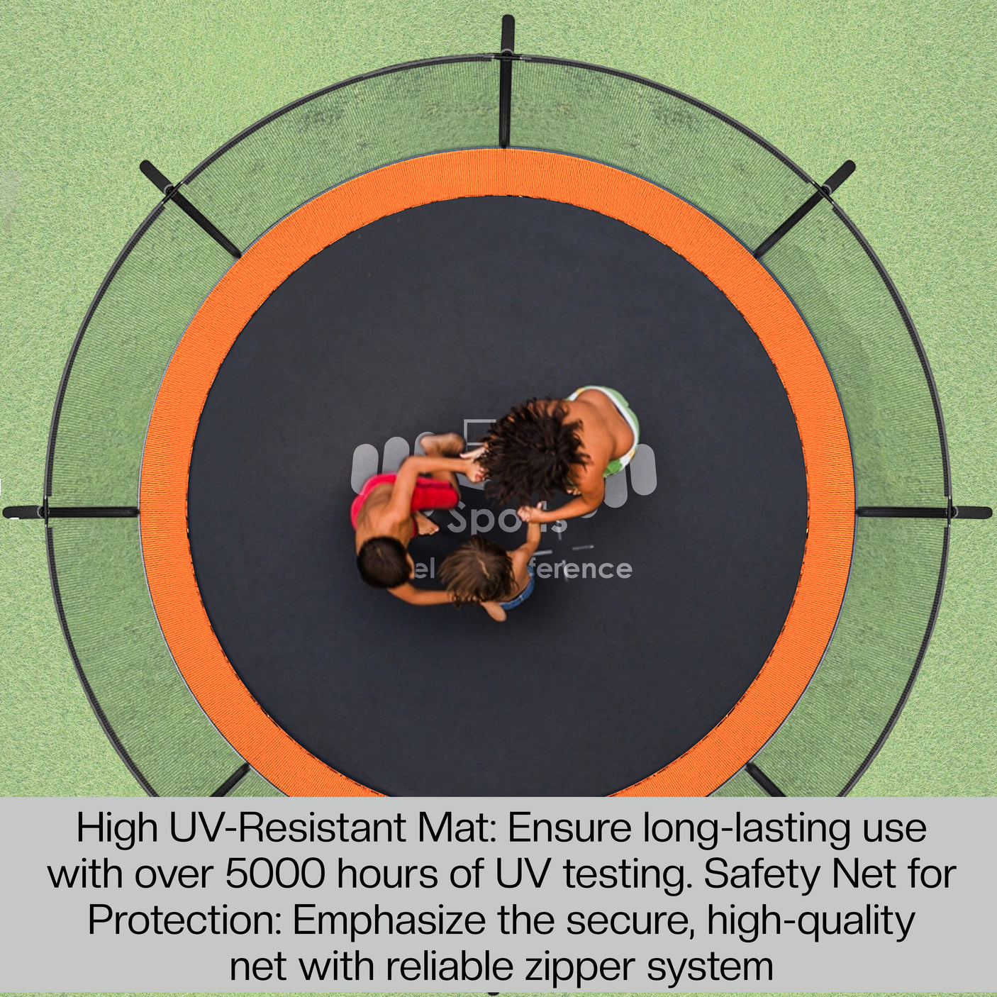 Two children playing on a trampoline with safety net and UV-resistant mat, brand logo visible.