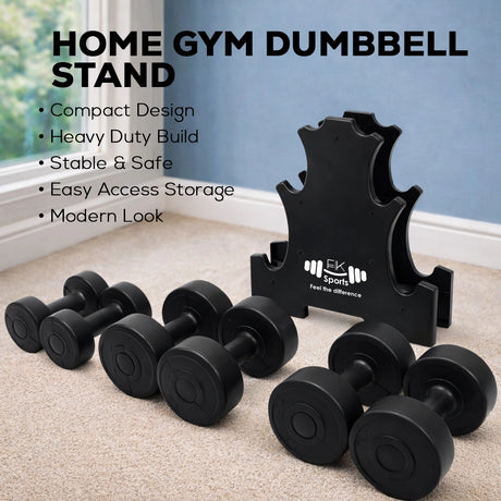Black dumbbells with a home gym dumbbell stand on a carpeted floor.