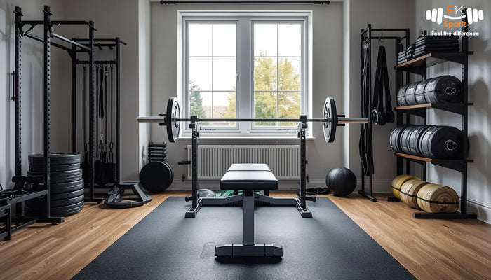 Home gym setup guide with weight bench and barbell in a modern UK apartment
