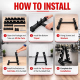 Step-by-step guide on how to install a dumbbell rack with text and images.