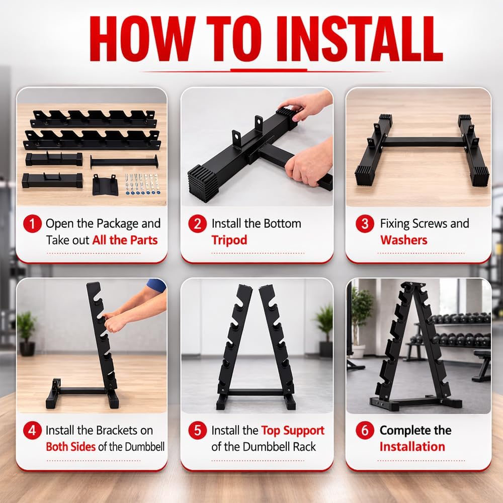 Step-by-step guide on how to install a dumbbell rack with images and text.