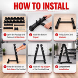 Step-by-step guide on how to install a dumbbell rack with images and text.