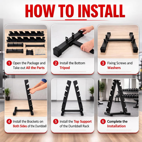Step-by-step guide on how to install a dumbbell rack with images and text.