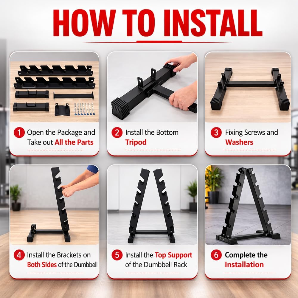 Step-by-step guide on how to install a dumbbell rack with images and text instructions.