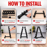 Step-by-step guide on how to install a dumbbell rack with images and text instructions.