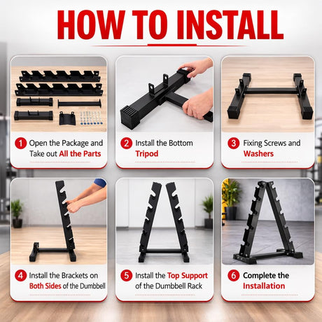 Step-by-step guide on how to install a dumbbell rack with images and text instructions.