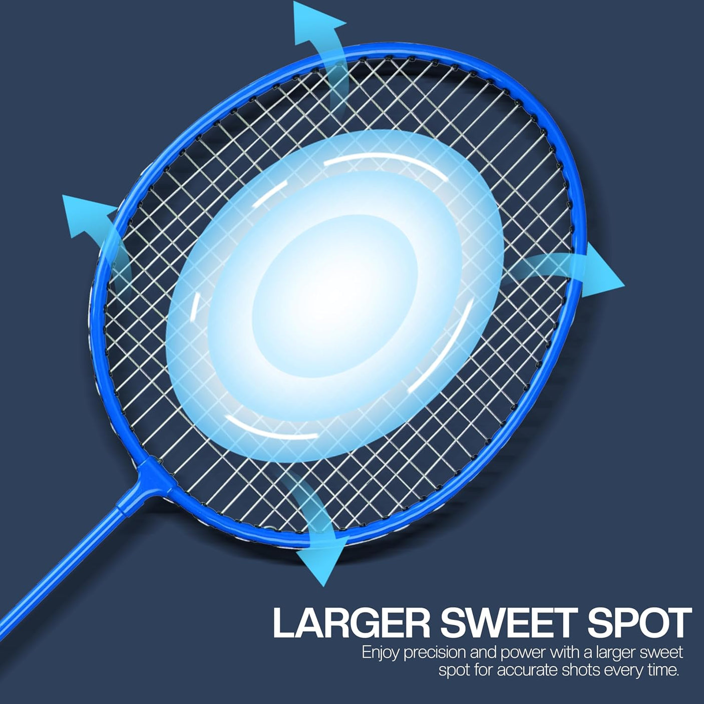 Blue badminton racket with a focus on the sweet spot area on a dark background.