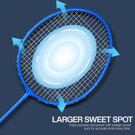 Blue badminton racket with a focus on the sweet spot area on a dark background.
