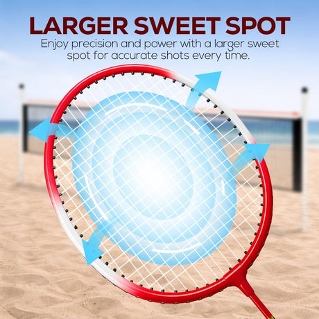 Tennis badminton with a larger sweet spot feature on a beach background