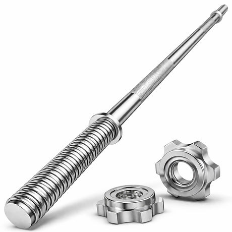 Metallic rod with threaded ends and two nuts on a white background
