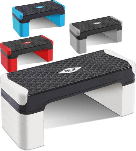 Set of four step Aerobic Exercise Stepper for Adjustable Height in different colors on a white background