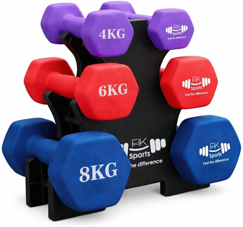 Set of colorful dumbbells with weights on a white background