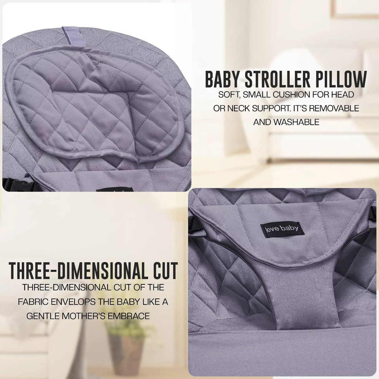 Newborn Baby Bouncer pillow with text on removability and washability.