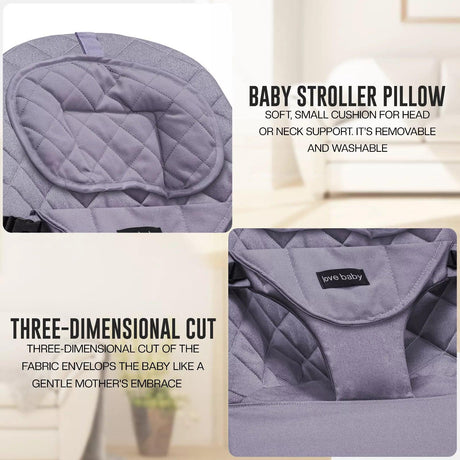 Newborn Baby Bouncer pillow with text on removability and washability.