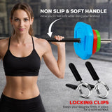 Woman lifting weights with non-slip and soft handle barbell and locking clips on a gym background