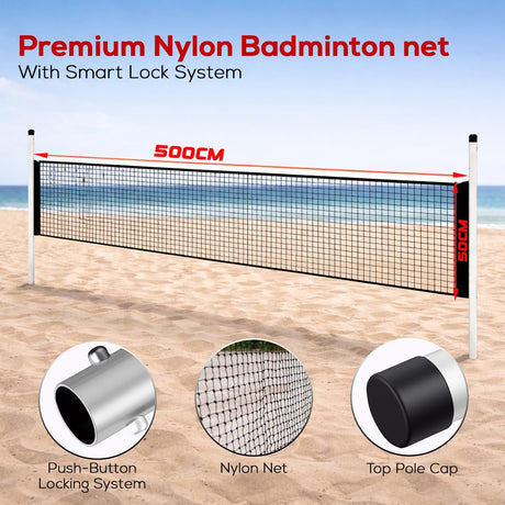Badminton net with smart lock system on a beach background