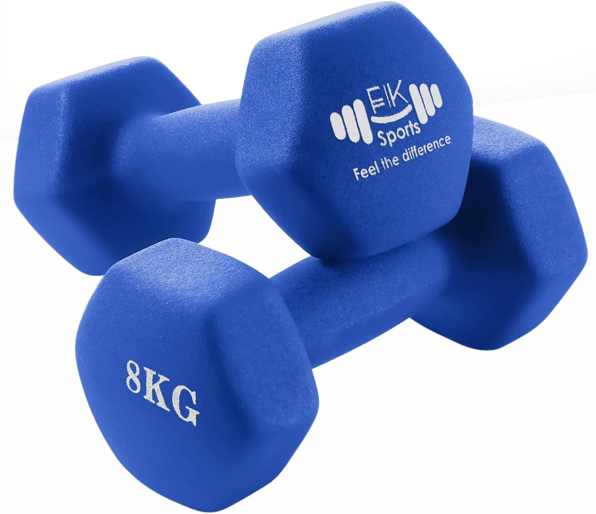 Pair of light blue dumbbells with 'EK Sports' branding on a white background