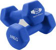 Pair of blue dumbbells with 'EK Sports' branding and '10KG' marking on a white background