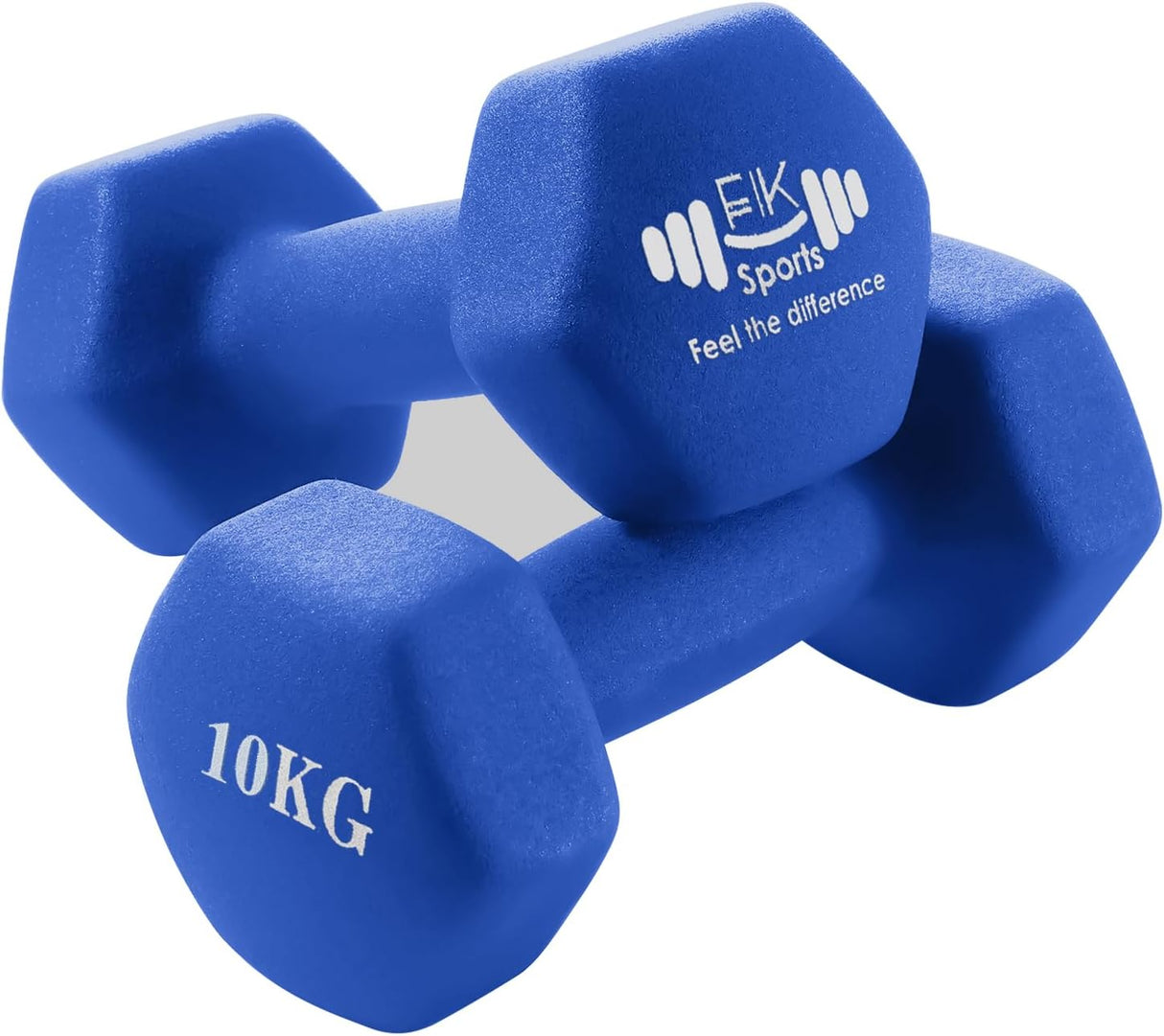 Pair of blue dumbbells with 'EK Sports' branding and '10KG' marking on a white background