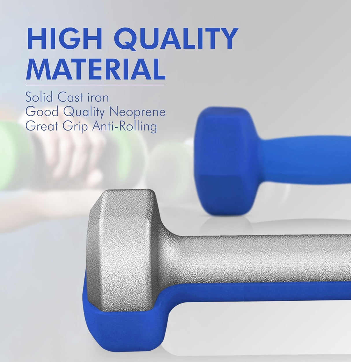 Pair of blue-handled dumbbells with text highlighting material quality on a blurred background
