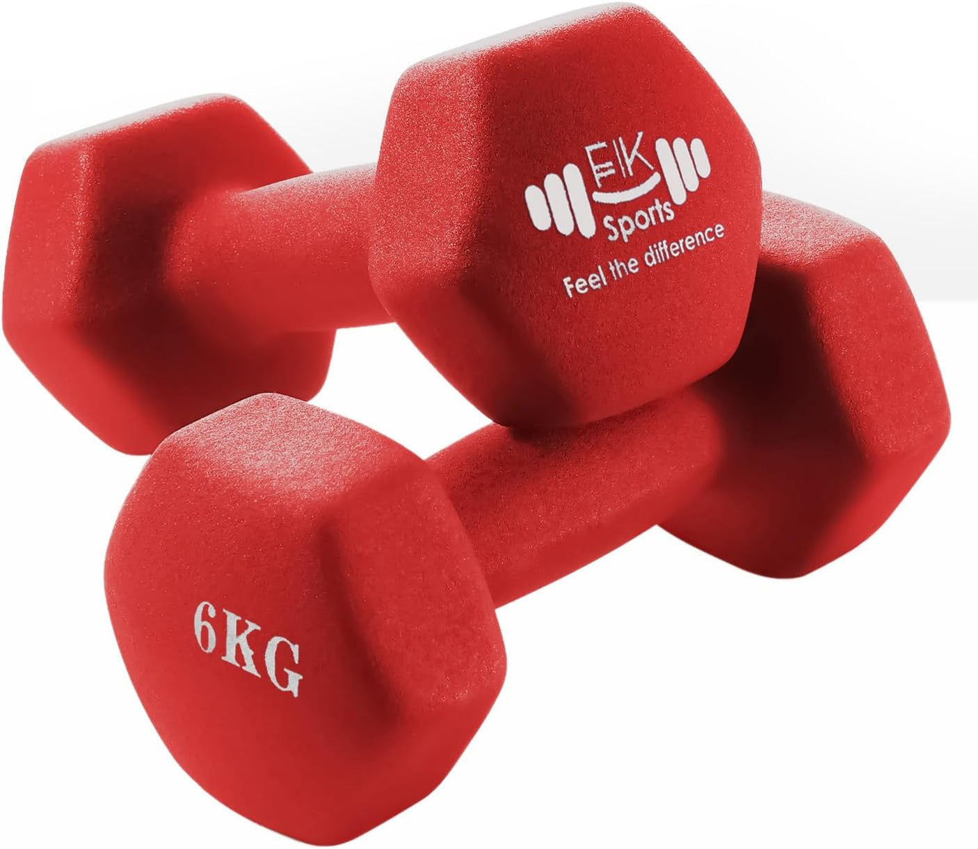 Pair of red dumbbells with 'FK Sports' branding on a white background