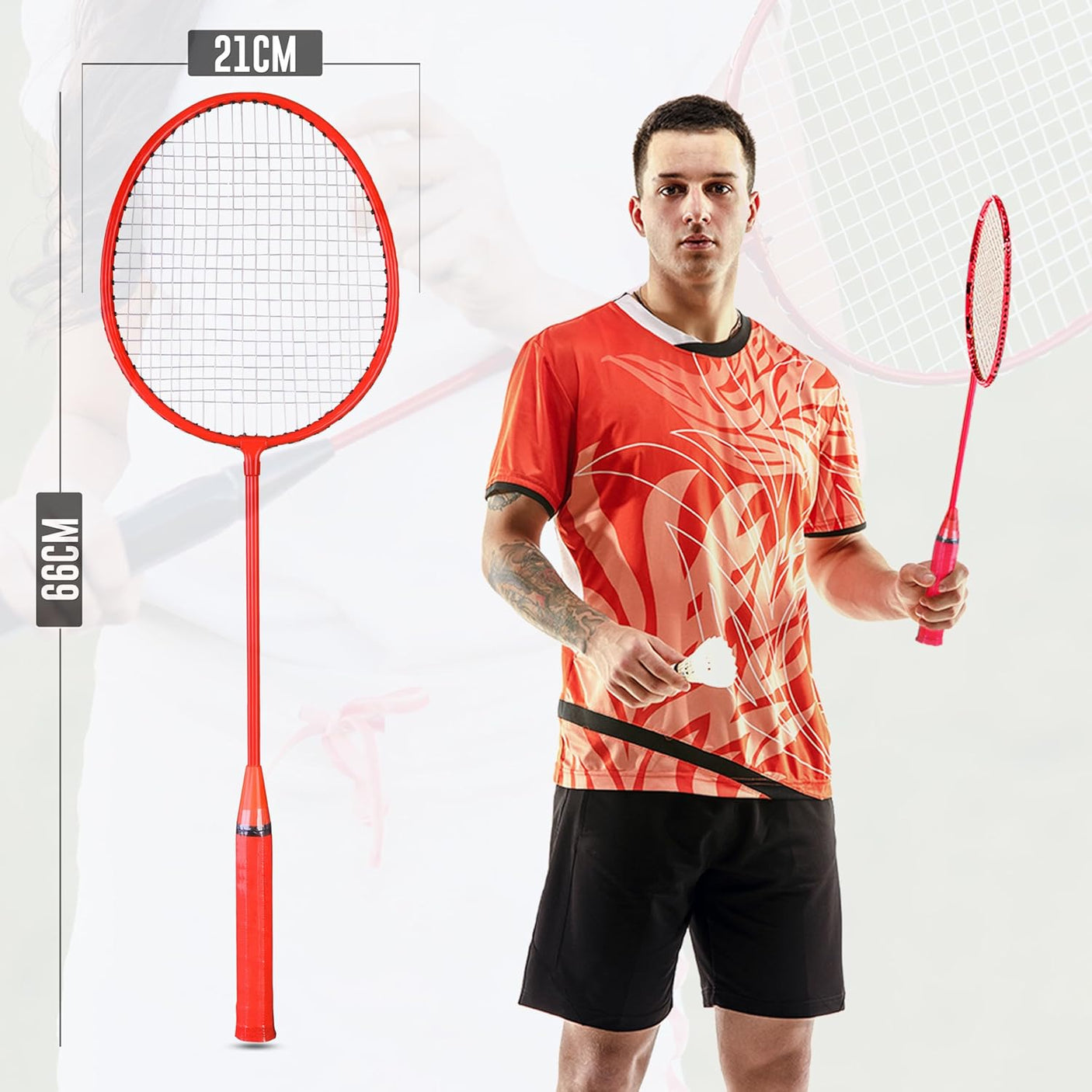 Man holding a red badminton racket with measurements displayed, on a white background