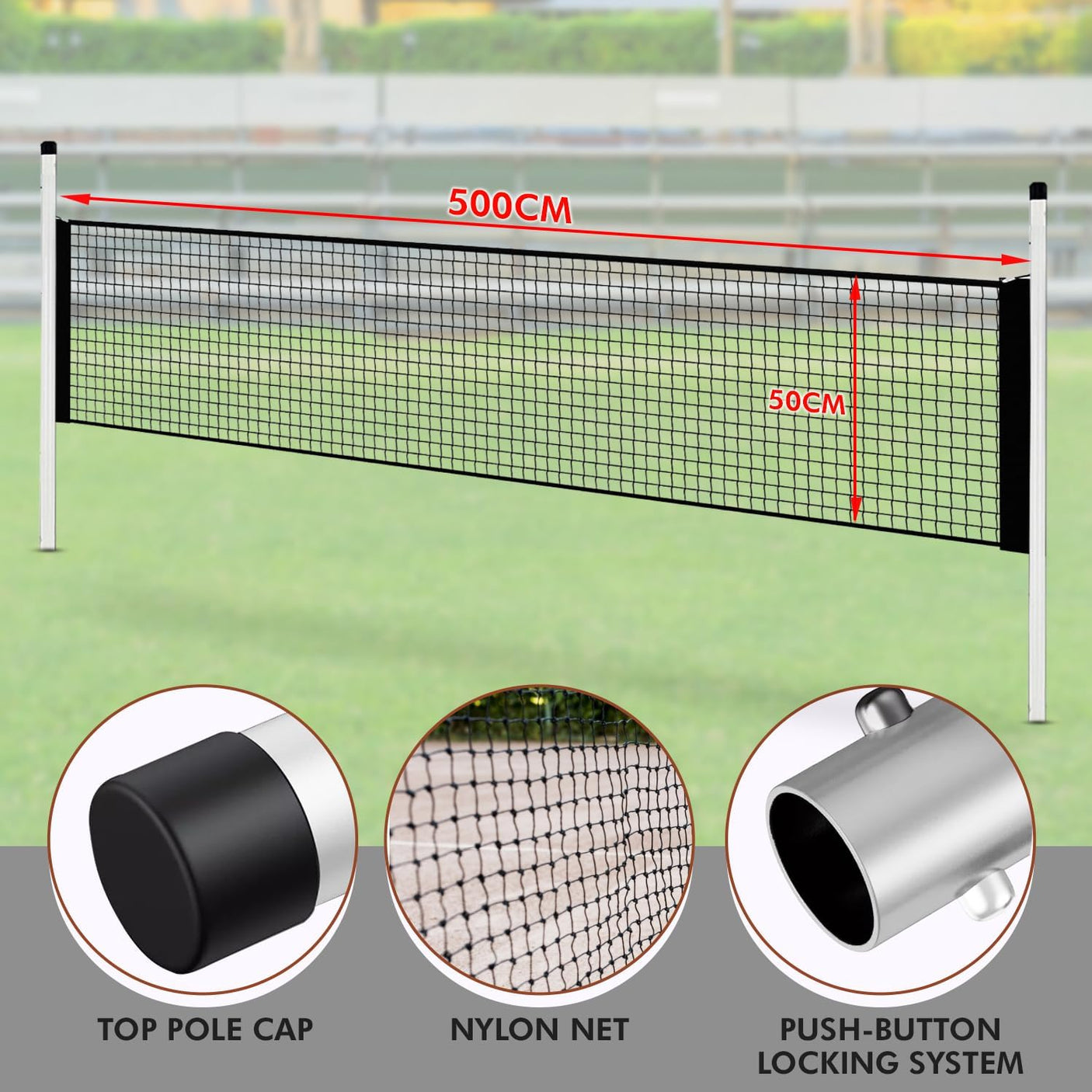 Portable tennis net with measurements on a grass court background