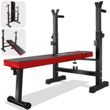 Red and black weight bench with adjustable components on a white background