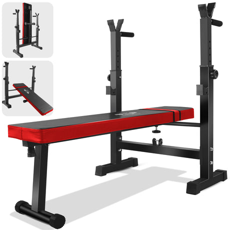 Red and black weight bench with adjustable components on a white background