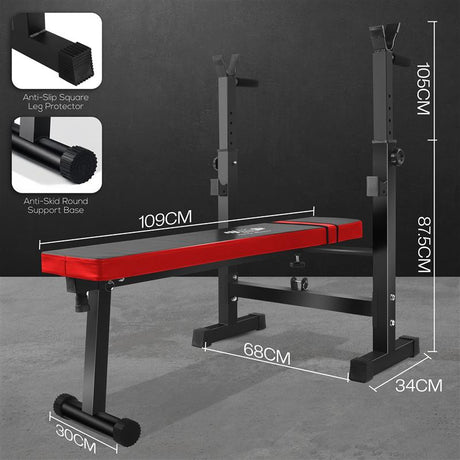 Red and black weight bench with measurements on a gray background