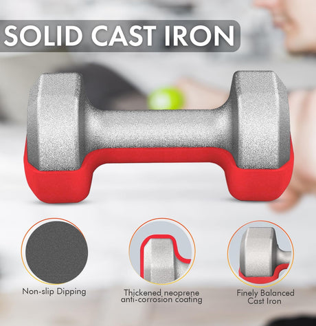 Red and solid cast iron dumbbell with features highlighted on a blurred background