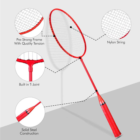 Red badminton racket with detailed features on a gray background