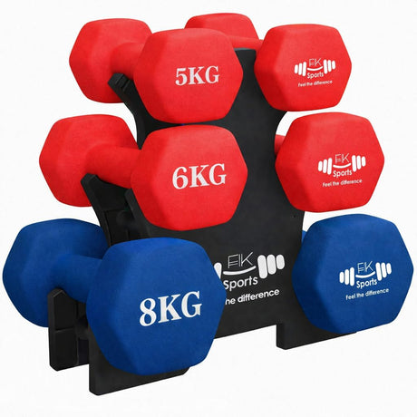 Set of red and blue neoprene dumbbells with weights on a black stand, branded 'EK Sports'.