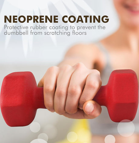 Red dumbbell with neoprene coating held by a person, text about protective rubber coating.