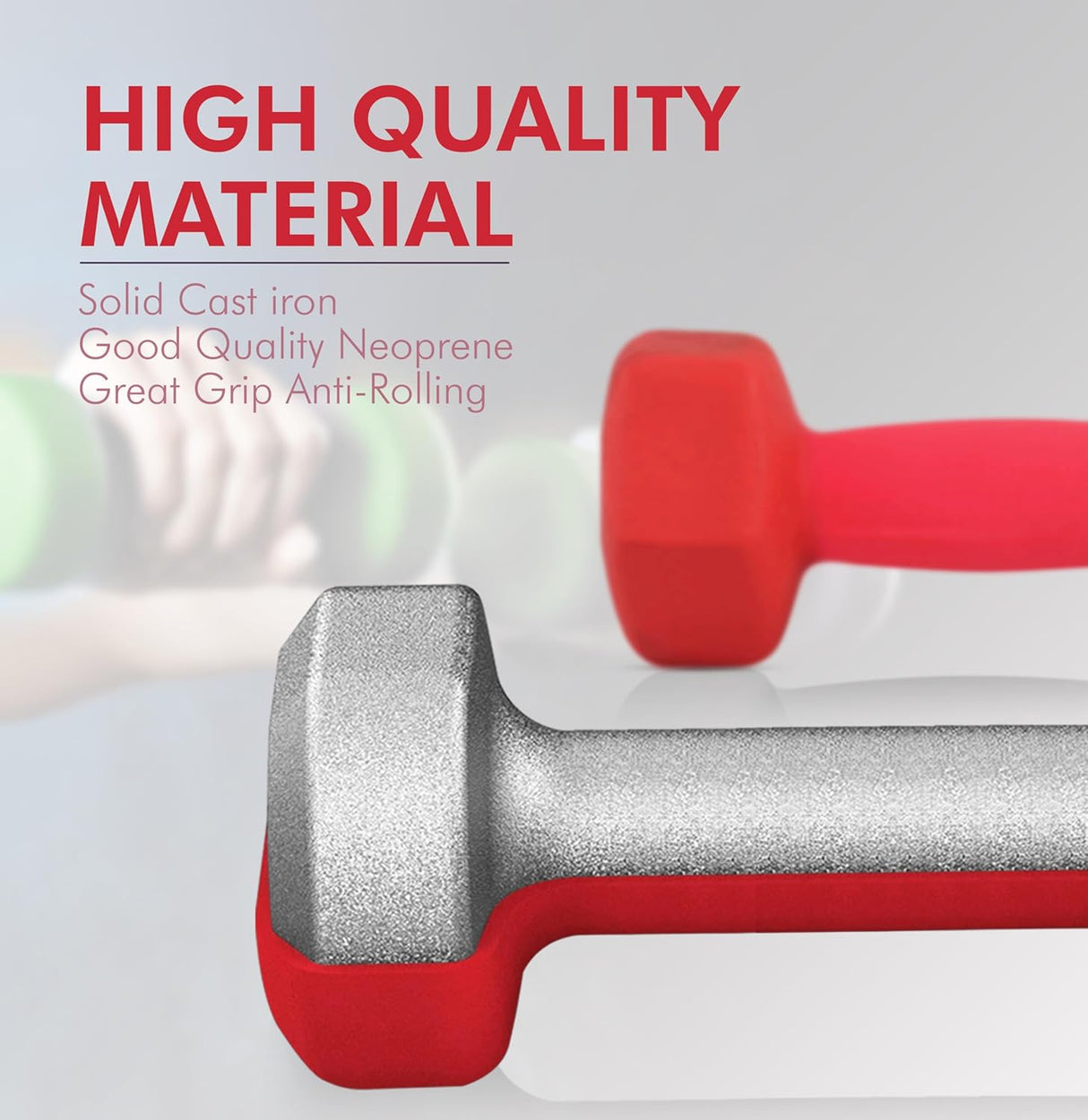 Red dumbbells with high quality material ends on a white background, featuring text about material quality.