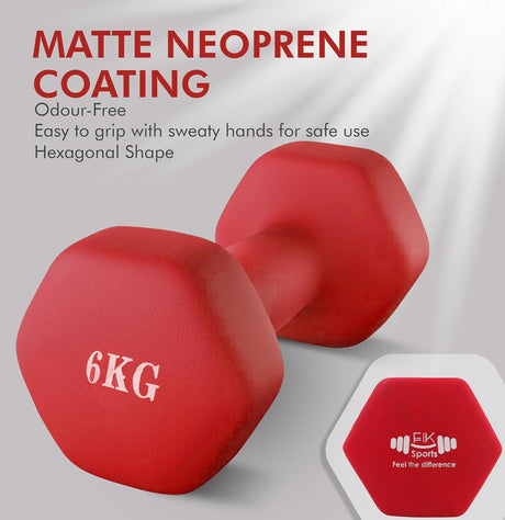 Red hexagonal dumbbells with '6KG' marking on a gray background, featuring text about matte neoprene coating.

