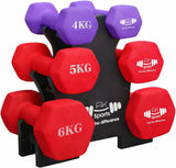 Set of red and purple neoprene dumbbells with weights on a black stand, branded 'FK Sports'.