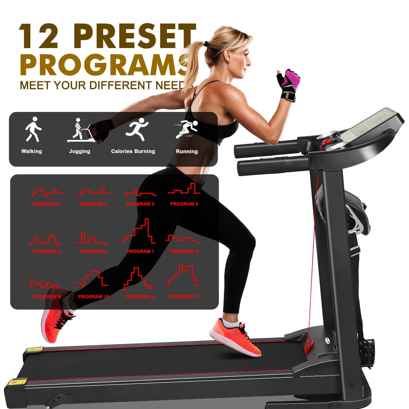 Foldable Electric Treadmill 1–12 km/h with Incline & Massager – Compact Home Gym Running Machine