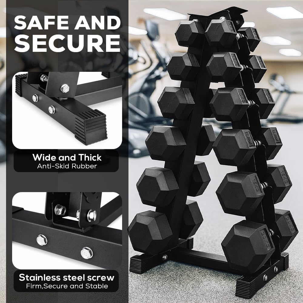 Stack of black dumbbells on a rack with safety features highlighted.