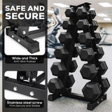 Stack of black dumbbells on a rack with safety features highlighted.
