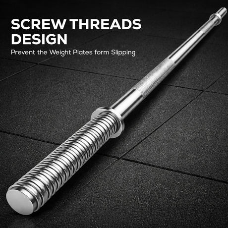 Barbell with screw threads design on a dark tiled floor