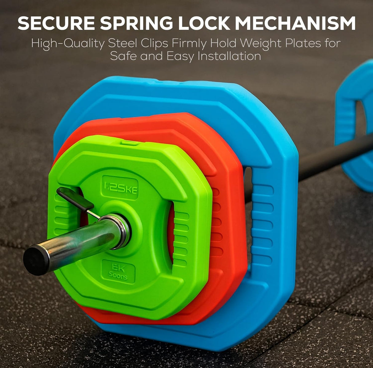 Colorful weight plates with a secure spring lock mechanism on a dark surface.