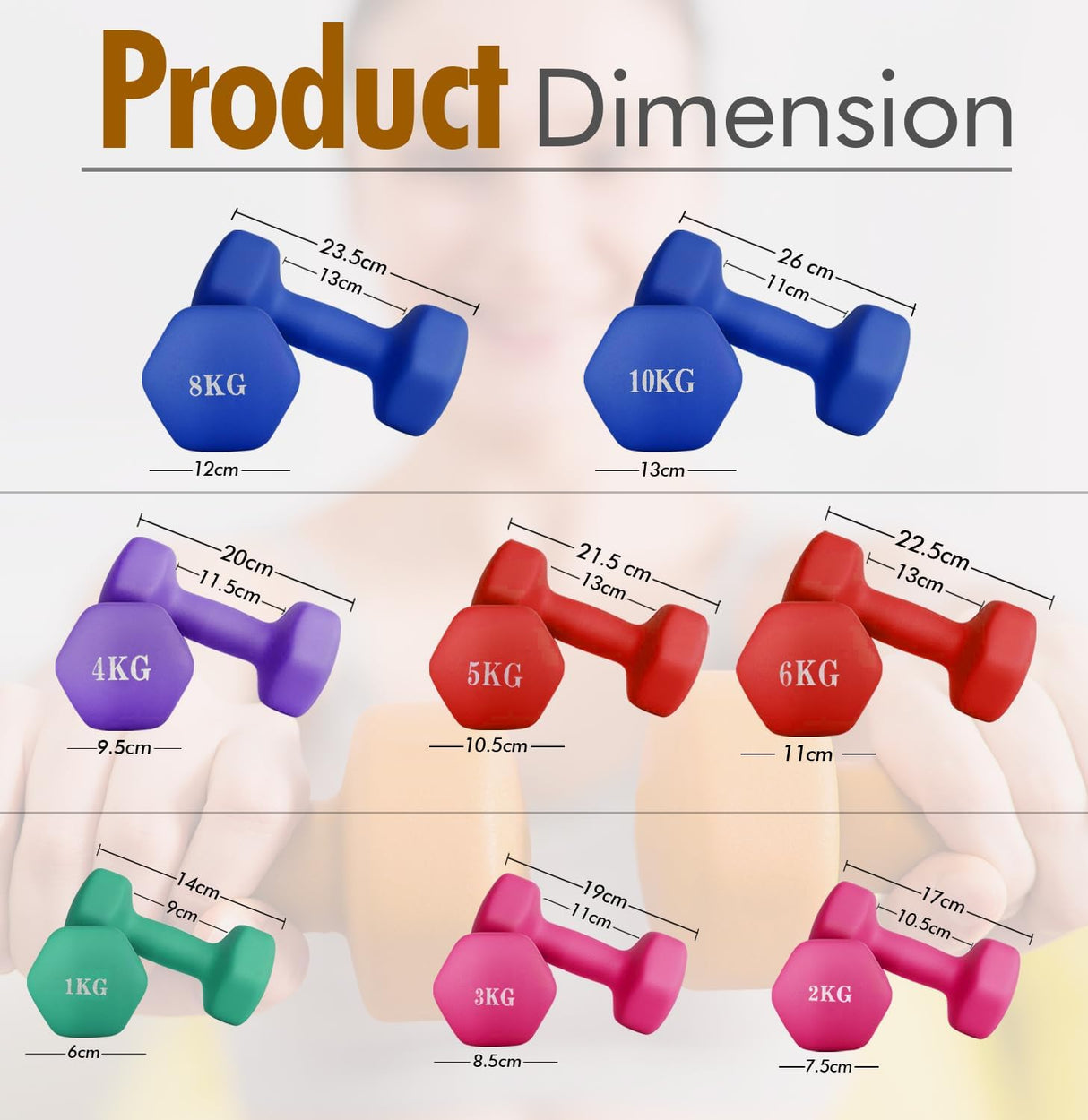Set of colorful dumbbells with measurements on a plain background