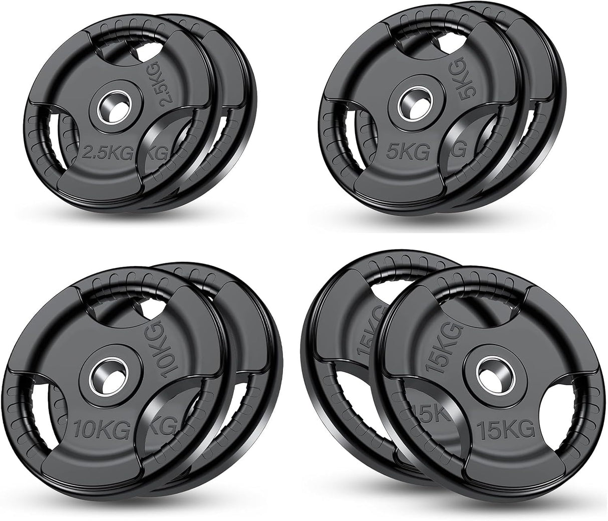 Set of five black weight plates with varying weights on a white background